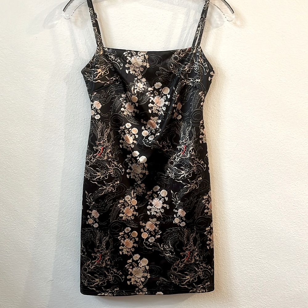 Urban Outfitters Dragon Print Black and Gold Dress Adjustable Straps Bodycon